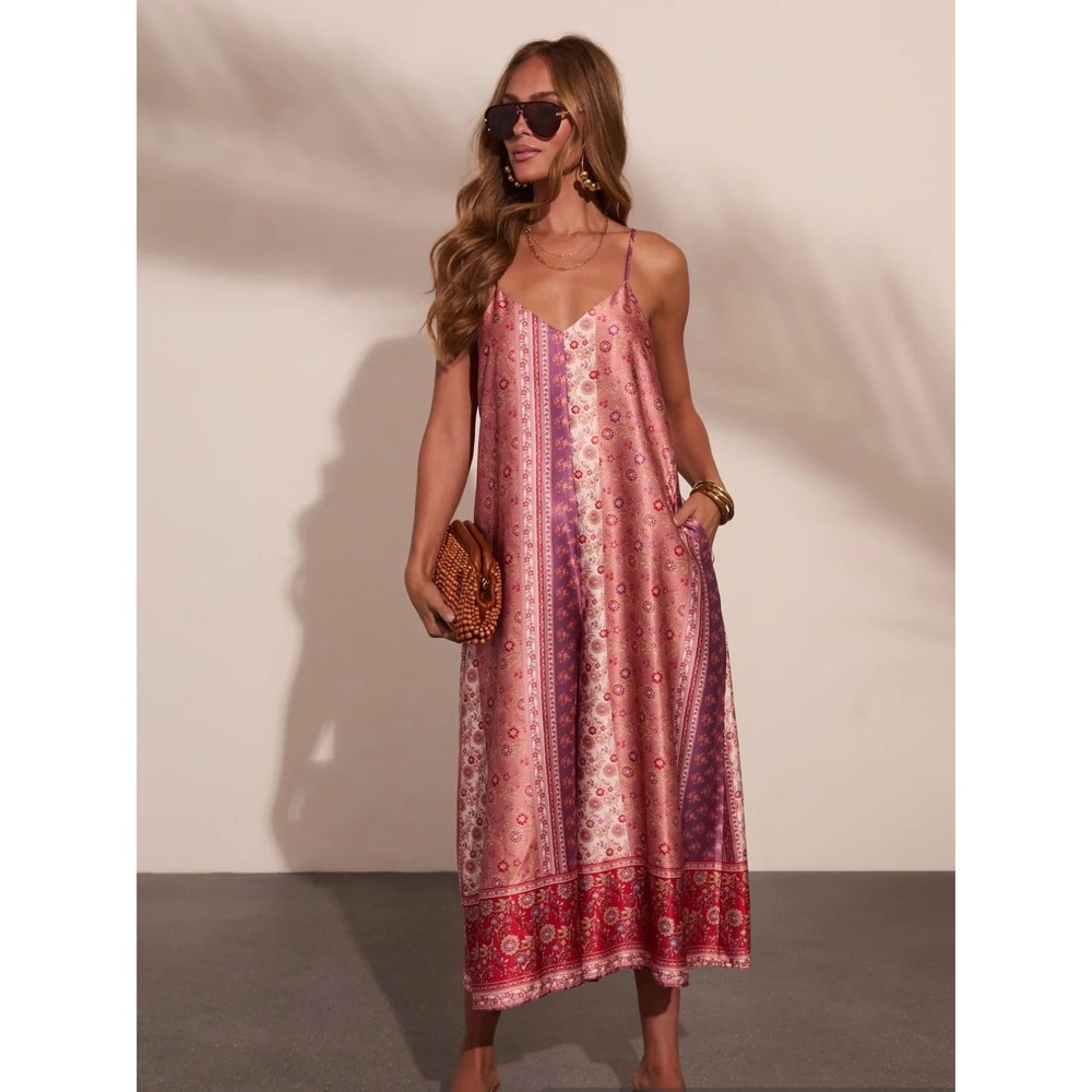 Vici Boheme Lifestyle Silky Jumpsuit Terracotta V-Neck Spaghetti Strap XL